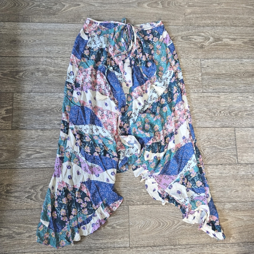 Olivaceous Multicolored Floral Patchwork Asymmetric Boho Midi Skirt